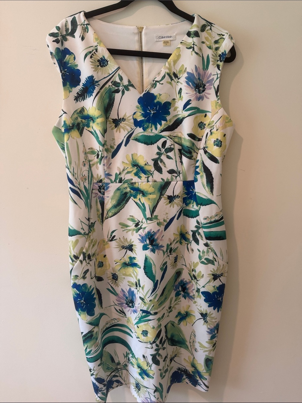 Calvin Klein White Floral Midi Dress with Blue and Green Print
